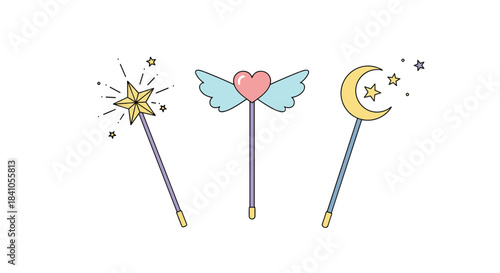 Cute collection of three pastel-colored magic wands featuring a star, a winged heart, and a crescent moon for fairy tale themes.
