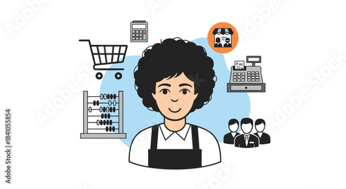 Illustration of a friendly female cashier surrounded by retail icons like a shopping cart, cash register, and other business elements.