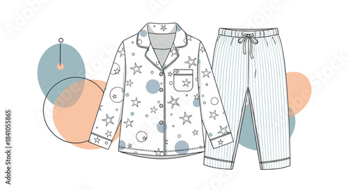 Technical fashion illustration of a classic pajama set with a star-patterned top and striped pants against a modern abstract background.