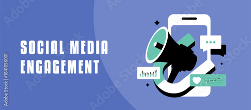 Social media engagement banner boosts likes, shares and comments with social icons. 2026 viral smm campaigns and brand interaction in horizontal header format. Vector illustration