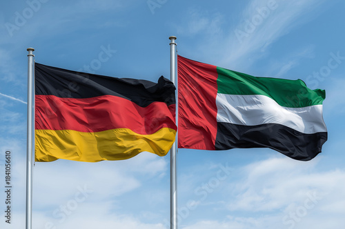 Flags of Germany and the United Arab Emirates waving side by side against a blue sky, symbolizing bilateral relations, international trade, and diplomacy.
