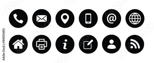 phone, telephone, mail, envelope, email, location, pin, map, marker, mobile, smartphone, cell phone, at symbol, internet, globe, world, home, house, printer, fax, information, info, i symbol, edit, pe