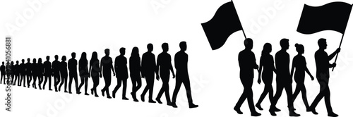 Silhouette crowd of people marching together with leaders holding flags, protest demonstration parade concept showing unity activism movement and social awareness