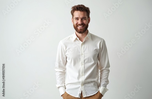 Bearded man in his 30s smiles warmly. He wears a neat white shirt and brown pants, hands in pockets. Casual studio portrait against a plain white backdrop, copy space.