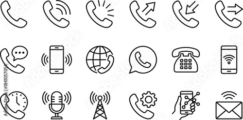 Comprehensive Telecommunication, Phone Call, Mobile Device, and Network Line Art Icons Vector Set, Service, Support, Connection, Settings, Global Communication, Contact, Data Transfer, Technology.