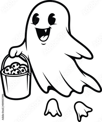 Halloween ghost cartoon carrying bucket of candy for trick or treating eps silhouette