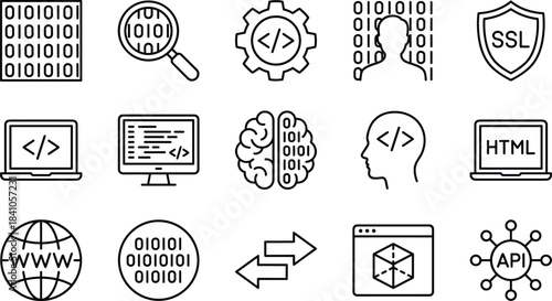 Digital Technology and Programming Icon Set, Software Development, Coding, Binary Code, Artificial Intelligence, Web Design, WWW, API, HTML, SSL, Data Search, and Computer Engineering Symbols.