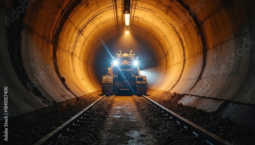 Giant tunnel boring machine digs in dark underground tunnel. Rail tracks lead machine forward for subway construction. Project advances urban infra. Heavy equipment works on city transit.