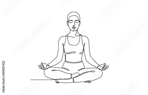 Woman sitting in lotus pose yoga. Continuous one line drawing, Women doing yoga one line drawing on transparent background