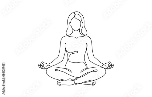 Woman sitting in lotus pose yoga. Continuous one line drawing, Women doing yoga one line drawing on transparent background