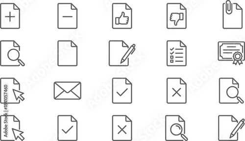 Extensive Business, Finance, and Document Management Icon Set, Including Startup Launch, Goal Setting, Report Analysis, Review, Approval, Rejection, and Detailed Workflow Symbols.