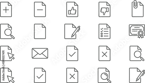 Extensive Business, Finance, and Document Management Icon Set, Including Startup Launch, Goal Setting, Report Analysis, Review, Approval, Rejection, and Workflow Symbols.