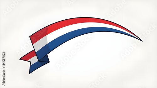 A flowing red white and blue ribbon sash curves gracefully against a plain white background symbolizing celebration and national pride