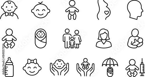 Newborn Baby, Maternity, and Childcare Line Icon Set, Including Family, Pregnancy, Bottle Feeding, Motherhood, Health Protection, and Infant Safety Symbols.