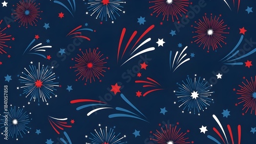 Seamless pattern of red white and blue fireworks exploding against a dark navy blue background celebrating holidays
