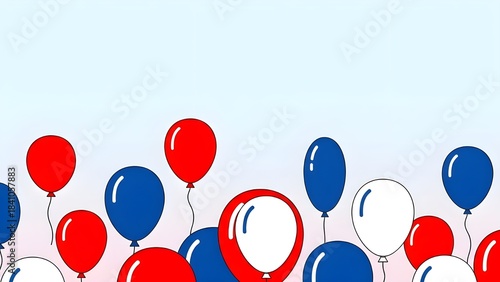 Red white and blue balloons floating upward against a light blue sky celebrating independence day