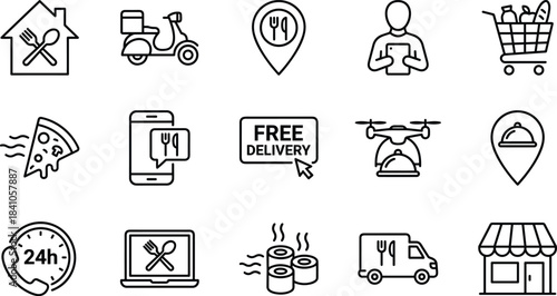 Online Food Delivery and Takeout Service Line Icon Set, Including Scooter, Drone Delivery, Pizza, Restaurant Location, Free Shipping, and 24-Hour Support Symbols.
