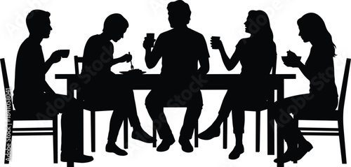 Silhouette group of people sitting at dining table enjoying food and drinks, social gathering meal time conversation family friends eating together atmosphere