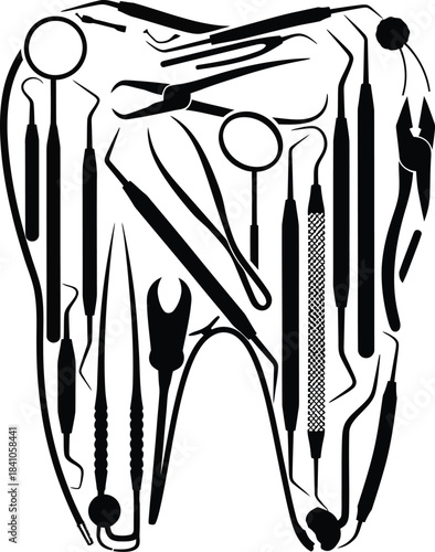 Dental tools forming tooth shape vector illustration for dentistry art eps silhouette