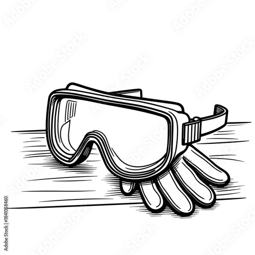 Safety goggles and work gloves on a table, protection and workplace safety equipment