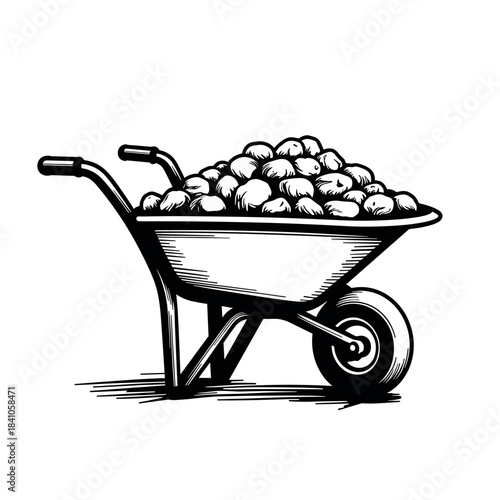 Wheelbarrow carrying gravel in line art style, construction and landscaping tools illustration