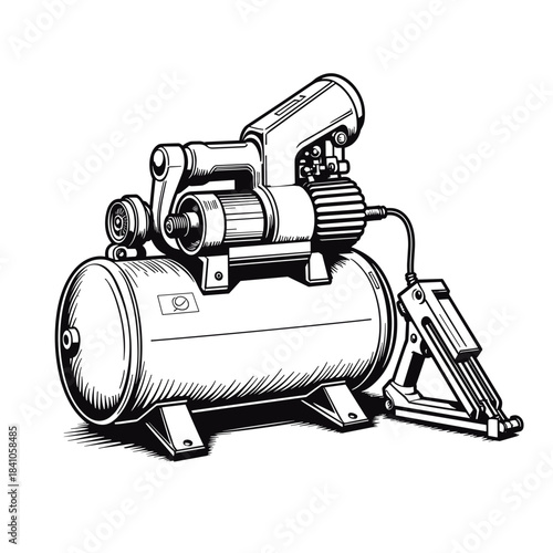 Air compressor and nail gun line art, construction equipment and tool illustration for industrial use