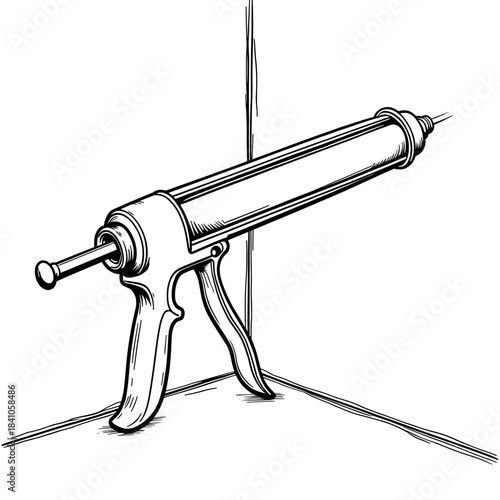 Caulking gun sealing bathroom corners, home improvement and DIY tools in construction