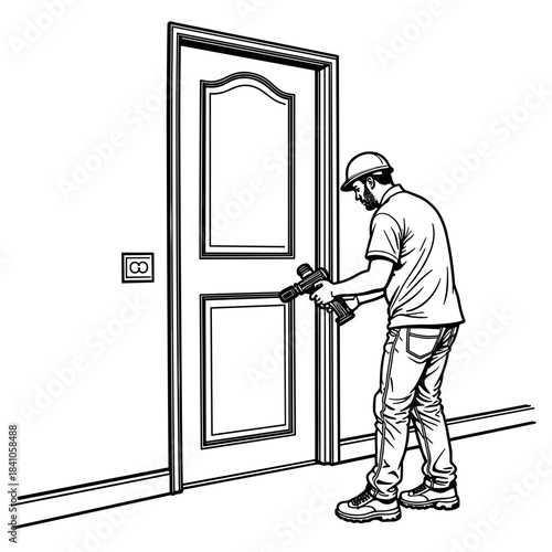 Worker installing door using power tools in line art style, home renovation and construction
