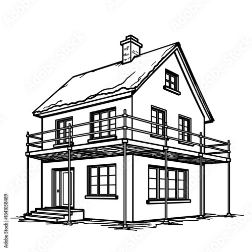 House with scaffolding, construction progress and renovation planning