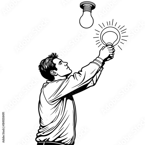 Man installing light bulb in ceiling, electrical work and home maintenance concept