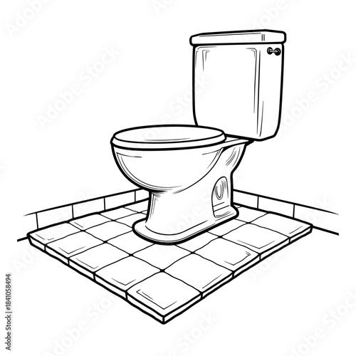 Line Art Illustration of Toilet on Tiled Bathroom Floor, Plumbing Installation and Home Remodeling