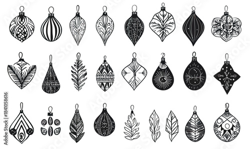 Collection of black and white Christmas ornament outlines with intricate patterns and unique festive holiday decoration designs vector illustration set