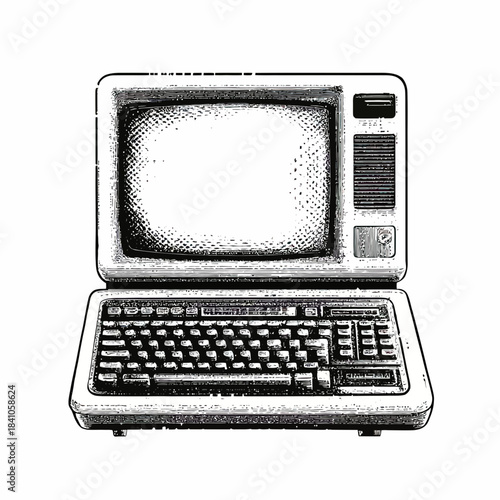 Vintage retro computer with monochrome screen keyboard and ventilation grill detailed vector illustration in dotted photocopy texture style for technology and nostalgia design