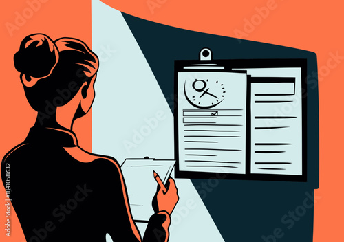 Business woman reviewing checklist and clock on clipboard planning tasks with pen in modern flat style vector illustration