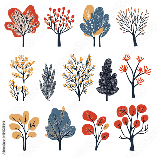 Set of colorful flat vector tree and shrub illustrations with autumn leaves berries and minimalist foliage for nature design elements collection
