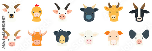 Set of Farm Animal Heads Icons in Flat Vector Style Including Goat, Chicken, Cow, Sheep, Pig, and Donkey Faces for Agriculture and Farming Concepts