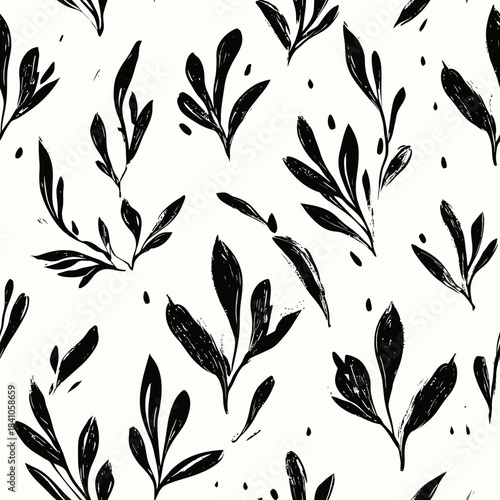 Seamless black and white hand drawn botanical leaves pattern with ink brush texture vintage natural foliage background illustration for design