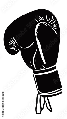 Black silhouette boxing glove vector illustration with lace-up cuff in flat minimalist style on white background for combat sports design and fitness concepts