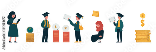 Flat minimalist vector illustration of diverse students investing money and documents in education and knowledge growth with graduation caps and stacks of coins and books