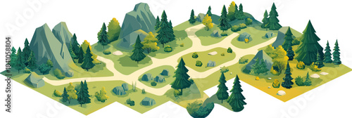 Isometric forest landscape map with fir trees mountain rocks hiking paths minimalist nature reserve vector illustration
