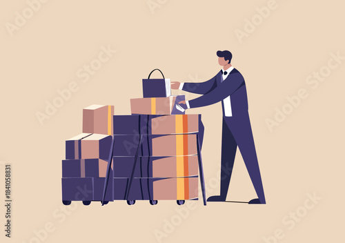 Businessman managing and inspecting stacked packages and parcels on conveyor trolley in minimalist flat style vector illustration for logistics and procurement concept