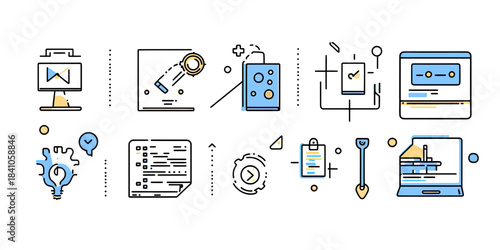 Hand drawn software coding icons set with programming symbols, computer screen, light bulb idea, test clipboard, code block, gear and development tools doodle vector illustration flat style