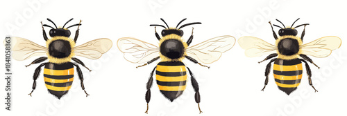 Set of three realistic honey bees with yellow and black striped bodies, transparent wings, and detailed legs, isolated on white background vector illustration for nature and pollination concept