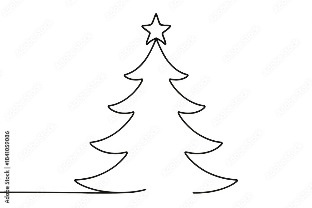 Fototapeta premium Christmas tree continuous line drawing with star, celebrating holiday season, winter festivities, and seasonal cheer, black outline vector