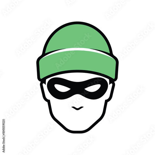 Hacker or Thief Icon with Mask and Bright Green Beanie Hat