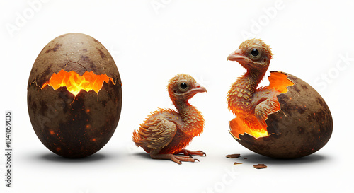 A Dynamic Chronicle of Emergence Prehistoric-Inspired Creatures Hatching from Mystical Eggs with Fiery, Glowing Cores