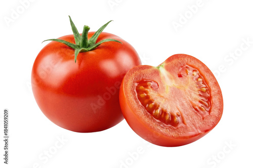 Whole and half fresh red tomato with green stem isolated on a transparent background