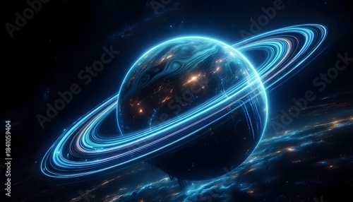 Luminous planet with spectacular blue halo against deep cosmic backdrop. AI Generated, Generative AI