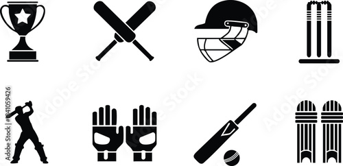 Set of Cricket Sport Icons, Cricket Equipment and Trophy Silhouettes, Eight Black Icons Representing the Game of Cricket, Cricket Gear Vector Icons, silhouette, illustration, vector