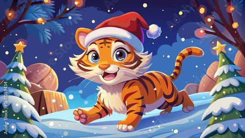 Cute baby tiger cub in a Santa hat joyfully pouncing at drifting snowflakes, surrounded by a dreamy snowy scene glowing with Christmas warmth and winter magic